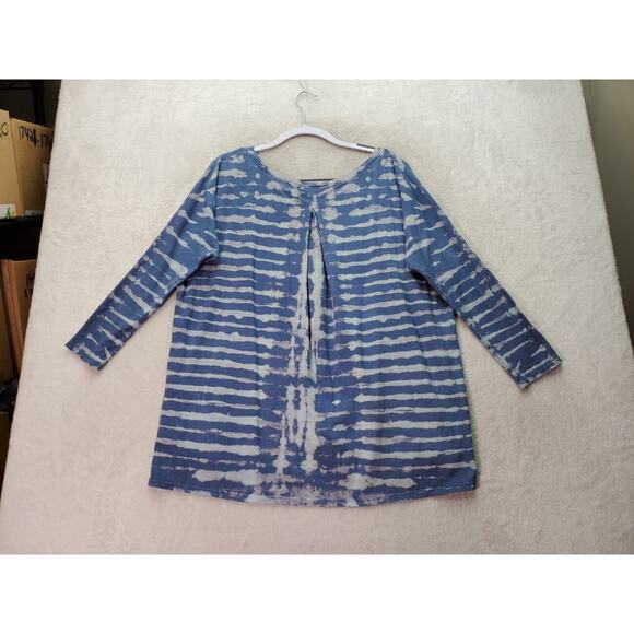 Volcom Shirt Top Womens XL Blue Tie Dye Cotton Round Neck High Low Slit Pleated - Picture 2 of 8